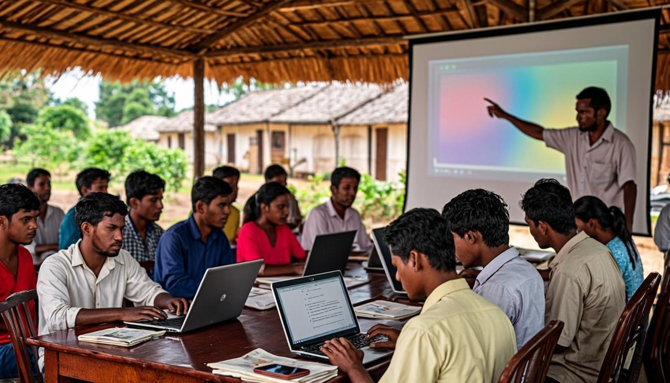সমাজঘরে ল্যাপটপ নিয়ে প্রশিক্ষণে বসে তরুণরা