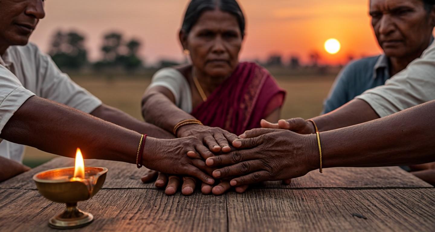 মিলনমেলার মাঠে একসঙ্গে দাঁড়ানো মানুষ