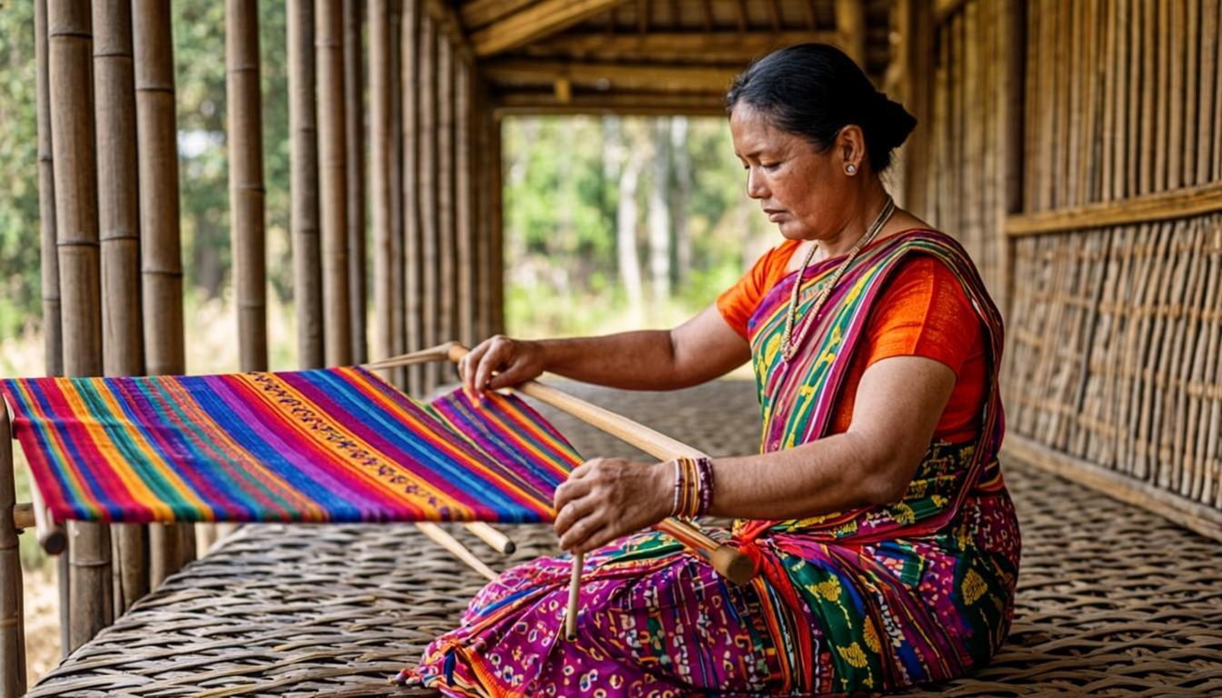 কাঠের তাঁতে কাপড় বুনছেন এক নারী