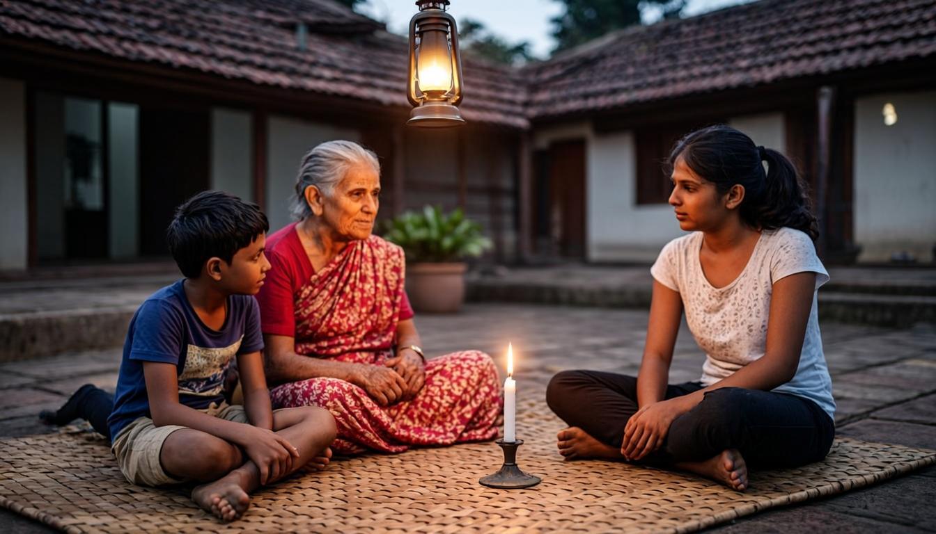 উঠানে দাদির কাছে গল্প শোনা শিশুরা