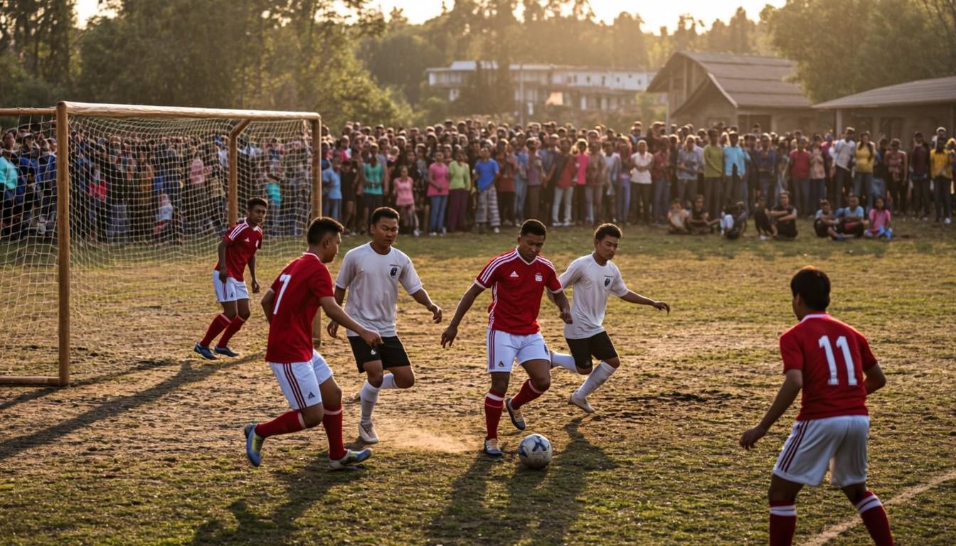 গ্রামের মাঠে ফুটবল ফাইনালের দৃশ্য
